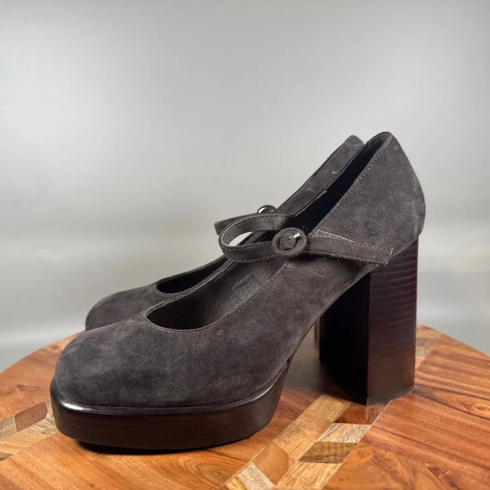 Jeffery Campbell Dark Gray Suede Platform Mary Jane Chunky Block Heel Pumps 6.5